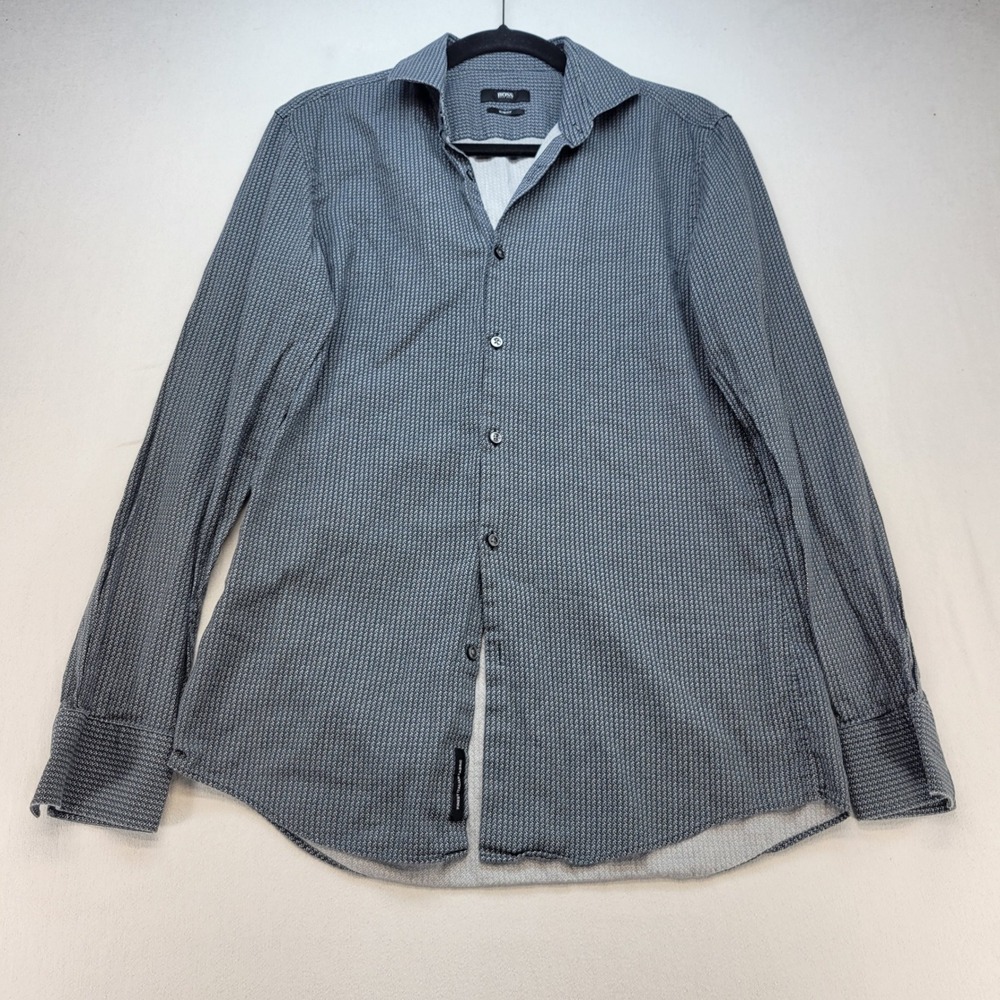 BOSS Hugo Boss Button Down Shirt Mens 15.5/39 Blue Slim Fit Italian Fabric